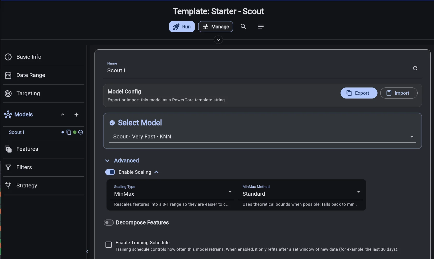 Choosing ML models in PowerCore Studio